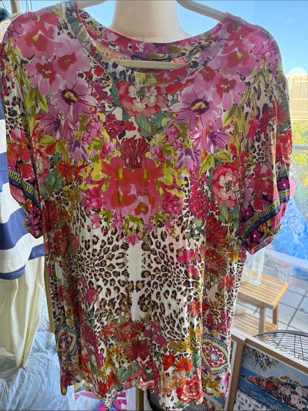Johnny Was Floral & Leopard Print Short Sleeve Women's Top - Pink Multicolor